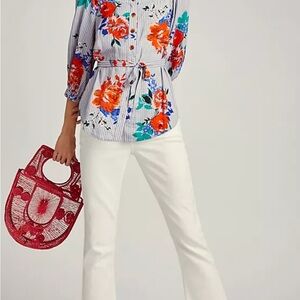 Maeve White and Blue Buttoned Blouse with 3/4 Sleeves, Size6